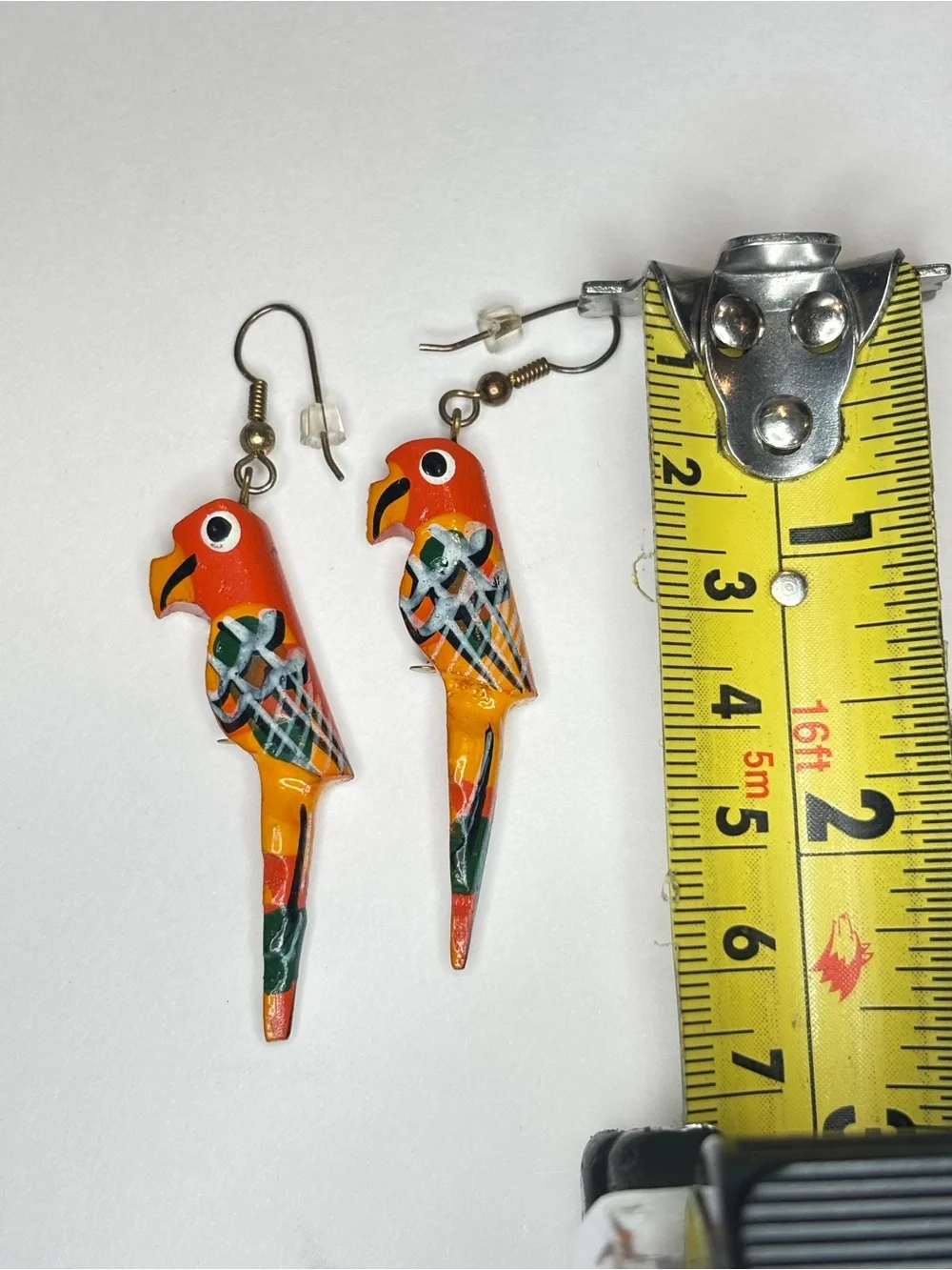Vintage 1980’s Hand Painted Wood Parrot Dangle Earrings